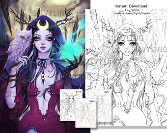 Night Spirit, Owl Wicth, Moon Goddess figment colouring page coloring pages lineart digital stamp