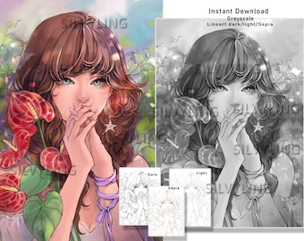 Anthurium and Maiden colouring page lineart and greyscale digital stamp