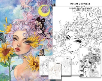 Sunflower and Cloundy Flowe , figment flower colouring page coloring pages lineart digital stamp