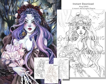 Black Bride Halloween Skull Bone flower colouring page coloring pages lineart digital stamp