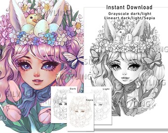 Easter Bunny Girl colouring page lineart and grayscale digital stamp