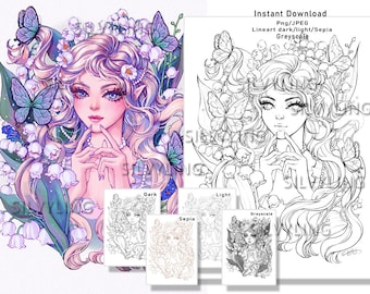 Lily of The Valley May Birth Flower Fairy Buterfly Girl colouring page lineart and grayscale digital stamp