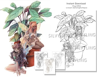 Plant Fairy Fairies girl colouring page lineart and greyscale digital stamp
