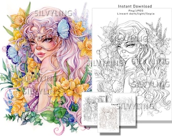 Daffodil Monthly Flower March Birth flower , figment flower colouring page coloring pages lineart digital stamp