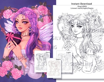Valentine's Day Angel Girl Flower, figment colouring page coloring pages lineart digital stamp