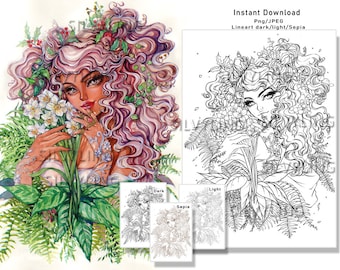 Monthly Flower December Birth flower Narcissus Holly, figment flower colouring page coloring pages lineart digital stamp