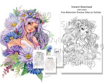 Monthly Flower September Birth flower Aster , flower colouring page coloring pages lineart digital stamp