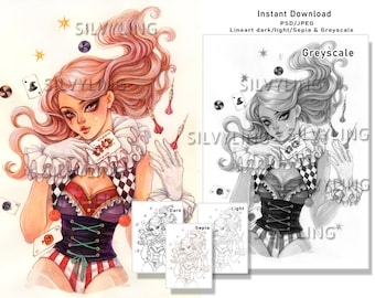 Halloween clown girl colouring page lineart and greyscale digital stamp