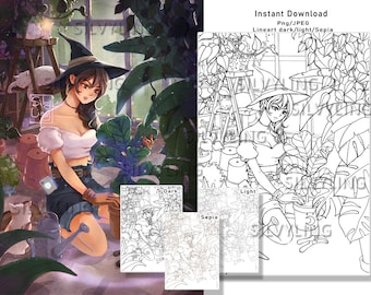 Witch Girl Gardening Plants Colouring page coloring pages lineart digital stamp