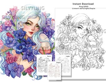 Gladiolus Monthly Flower August Birth flower , figment flower colouring page coloring pages lineart digital stamp