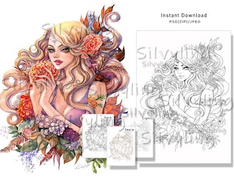 Monthly Flower October Birth flower Marigold colouring page coloring pages lineart watercolor sketch digital stamp