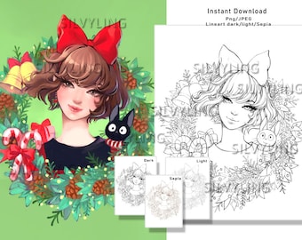 Christmas Kiki cat wreath flower colouring page coloring pages lineart digital stamp