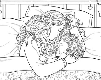 Goodnight, Sleeping Mom and Baby, Printable Coloring Page, Coloring Sheet, Coloring Patchwork quilt, Shineillust