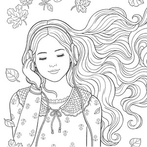 Printable Coloring Page, Girl Listening to Music, Coloring Sheet, Fall Coloring Page, Coloring page Beautiful Girl