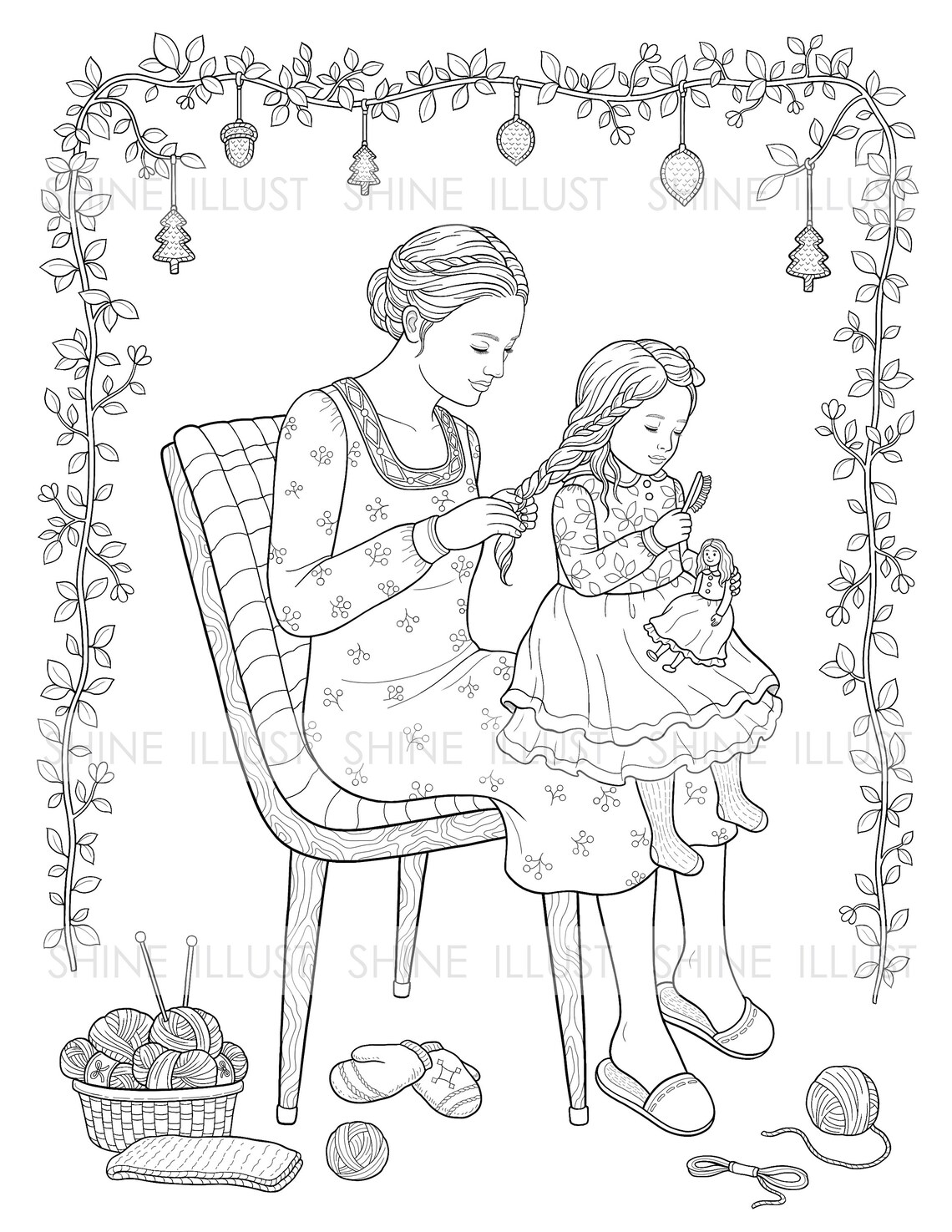 Combing Hair, Mom and Daughter Coloring, Printable Coloring Page ...