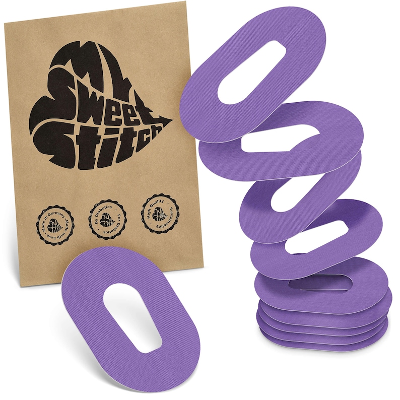 May include: Six oval, lavender adhesive patches with a central cutout are stacked next to a brown paper package. The package has a black heart-shaped logo with the text "My Sweet Stitch" and three circular seals.