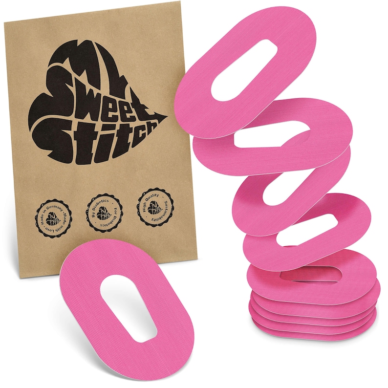 May include: A collection of pink, oval medical patches with a central aperture, alongside a brown paper bag. The bag displays a heart-shaped logo with the words "My Sweet Stitch" and several circular seals with text.