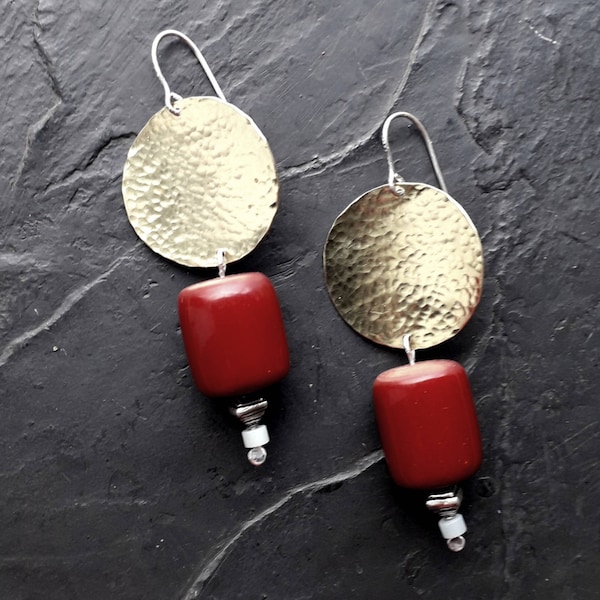 Statement earrings, red and gold earrings, brass and silver earrings,  mixed metal earrings, disc earrings, brass earrings, large earrings
