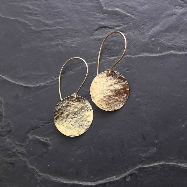 Beaten brass earrings, disc earrings, boho earrings,  rustic earrings, round earrings, brass earrings.