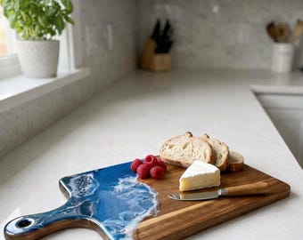 Handmade Wooden Serving Board with Ocean Resin Waves – Unique Kitchen & Gift