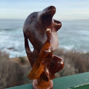 May include: A polished wooden sculpture featuring a smooth, organic, and flowing form with a rich, deep brown grain pattern. The piece stands on a circular base and displays intricate, swirling wood textures throughout its curved, abstract shape.