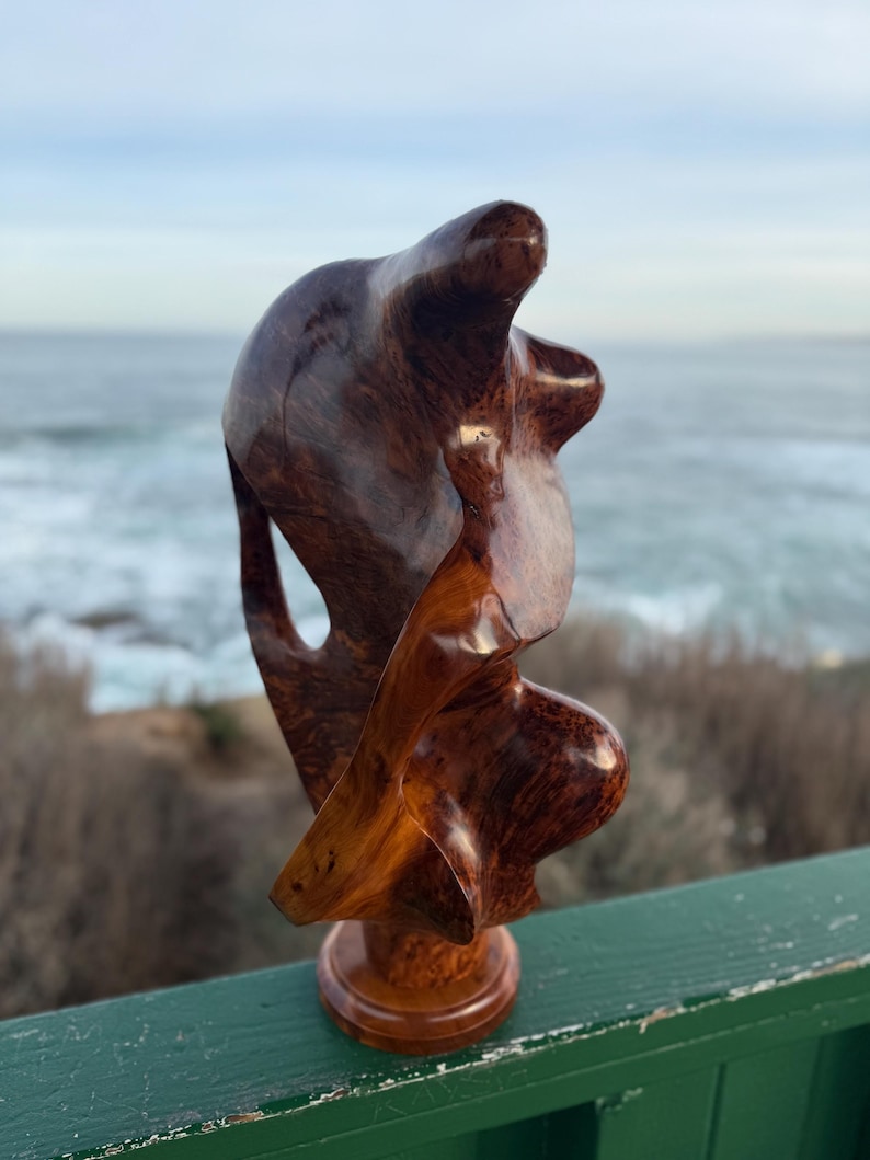 May include: A polished wooden sculpture featuring a smooth, organic, and flowing form with a rich, deep brown grain pattern. The piece stands on a circular base and displays intricate, swirling wood textures throughout its curved, abstract shape.