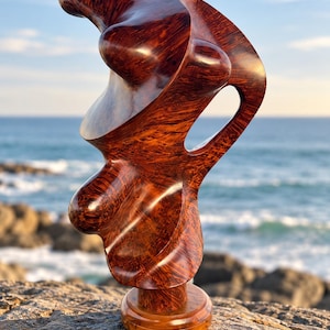 May include: A polished, dark reddish-brown wooden sculpture with a complex, organic, and fluid shape. The piece features a smooth, glossy finish that highlights the intricate grain patterns of the wood, resting on a circular wooden base.