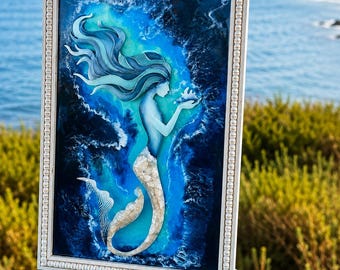 Handmade Resin Mermaid Wall Art | Ocean Epoxy Coastal Decor, Beach House Hanging