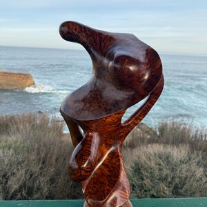 May include: A polished, dark brown wooden sculpture featuring a complex, swirling organic form with a high-gloss finish. The piece displays intricate wood grain patterns and a smooth, curved silhouette that rises from a circular base.