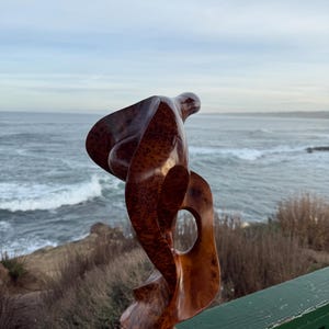 May include: A polished, reddish-brown wooden sculpture featuring a complex, swirling abstract form with a smooth, glossy finish. The piece stands on a circular base and includes a hollow, open center, showcasing the natural grain patterns of the wood.