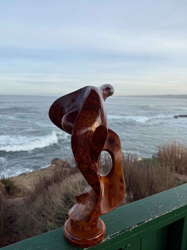 May include: A polished, reddish-brown wooden sculpture featuring a complex, swirling abstract form with a smooth, glossy finish. The piece stands on a circular base and includes a hollow, open center, showcasing the natural grain patterns of the wood.