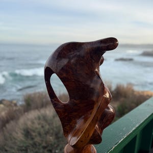 May include: A polished, dark brown wooden sculpture with a smooth, organic, and flowing form. The piece features a prominent, hollow circular opening in its upper section and rests on a small, circular, tiered wooden base with a glossy finish.