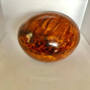 May include: A round wooden bowl with a dark brown and light brown wood grain pattern. The bowl has a smooth, polished finish.