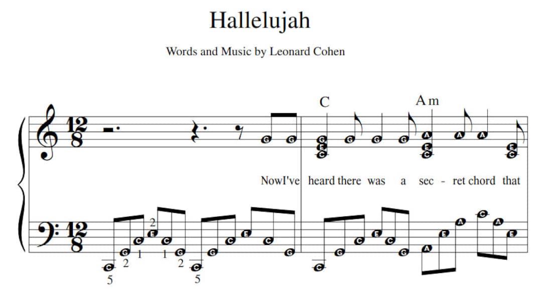 Hallelujah Alleluia Song Written and Sung by Leonard Cohen Digital Sheet Music Download & Print Large Notes Big Notation Easy Piano Enlarged - Etsy for Free Printable Piano Sheet Music For Hallelujah By Leonard Cohen