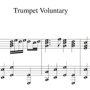 May include: A sheet music score for Trumpet Voluntary by Jeremiah Clark. The music is written in treble clef and includes notes for the trumpet.