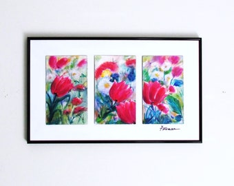 Tulip Painting, Tulip Triptych, Framed Wall Art, Tulip-Lovers Art, Tulip Garden Art, Nature Painting, Floral Painting