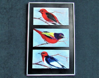 Rode vogel schilderij, vogel drieluik, Wildlife schilderij, cadeau voor mannen, kunst aan de muur, woondecoratie, kantoordecor