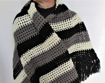 LG Shawl, Men's Shawl, Unisex Shawl, Black Gray White Striped Shawl, Shoulder Warmer, Outer Wrap, Elder Shawl, Senior Need, Winter Accessory