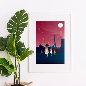 Cat Family Art Print – Paris Rooftop Illustration at Night | A3 A4 A5 Feline Wall Art | Moonlight Cat Poster | Gift for Cat Lovers