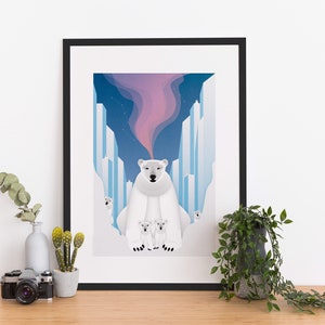 Impresión artística de oso polar: ilustración de especie en peligro de extinción | Póster de pared A3 o A5 | Dibujo de mamá y cachorros | Decoración de guardería con animales salvajes