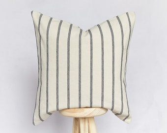 Handmade Beige and Black Coastal Striped Cushion Cover | Stripe Farmhouse Country Pillow Cover