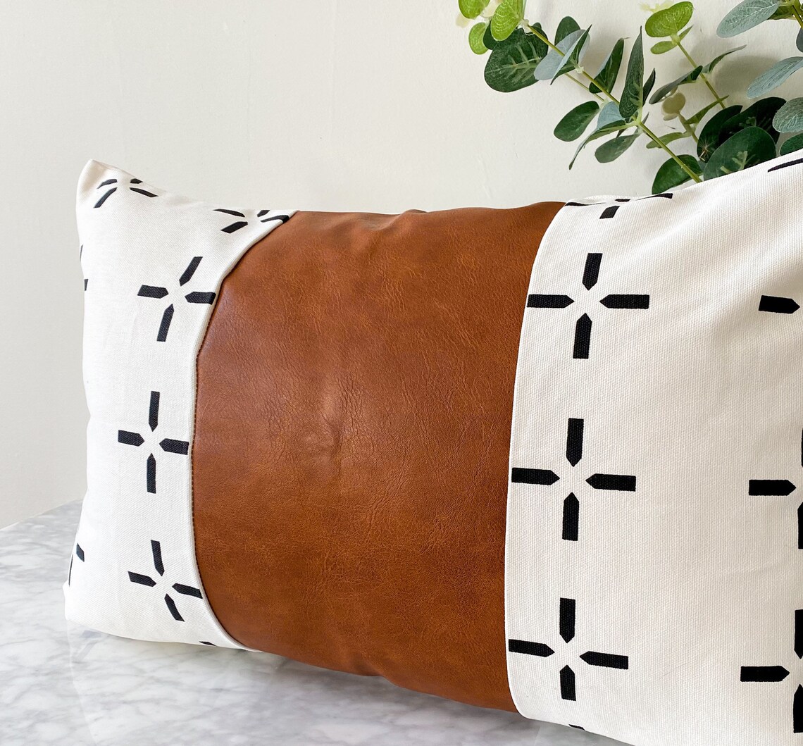 Black and White Cushion Cover with Brown Vegan Leather Boho Etsy