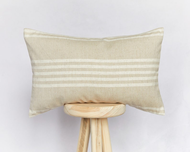 Natural Beige Striped Rectangular Cushion Cover Farmhouse Country Cushion Cover image 1