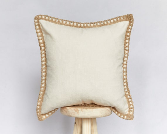 Cream Linen Blend Cushion Cover with Jute Edging: Farmhouse Boho Decor