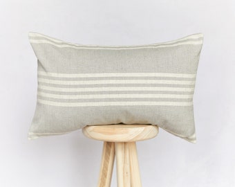 Natural Grey and Beige Striped Lumbar Rectangular Cushion Cover | Farmhouse Country Cushion Cover