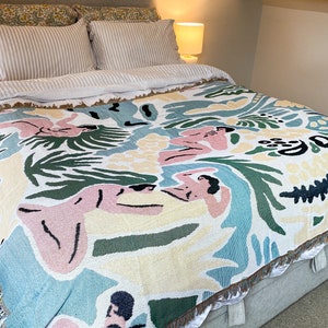 Abstract Naked People Woven Throw | Tropical Blue, Green, Yellow and Pink Picnic Blanket | Fringed Beach Blanket | Garden Blanket