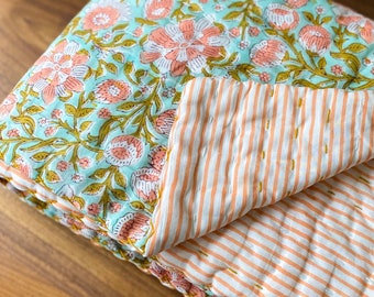 Handmade Quilted Baby Blanket | Blue and Pink Floral Baby Blanket | Indian Kantha Quilt | Stripe Baby Playmat