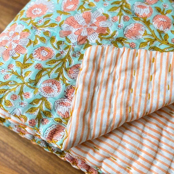 Handmade Quilted Baby Blanket | Blue and Pink Floral Baby Blanket | Indian Kantha Quilt | Stripe Baby Playmat