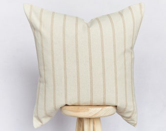 Handmade Beige Coastal Striped Cushion Cover | Stripe Farmhouse Country Pillow Cover