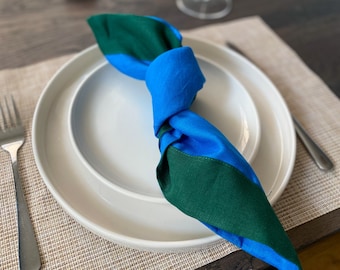 Set of 2 Blue and Green Linen Napkins Set | Linen Napkin UK | Wavy Edged Scalloped Napkin Set | Christmas Napkins